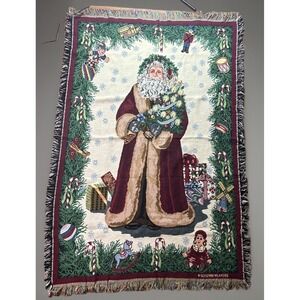 Goodwin Weaver Old World Christmas Santa Tapestry Fringe Throw Blanket 64x44 USA